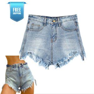 Distressed Washing Light High Waist Denim Womens Jean Shorts - XS